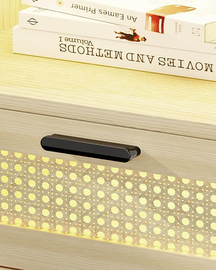 Rattan Nightstand with Charging Station, Night Stand with 3 Drawers and Open Shelf, Bed Side Table with LED Lights for Bedroom, Living Room, Natural Wood - LeafyLoom