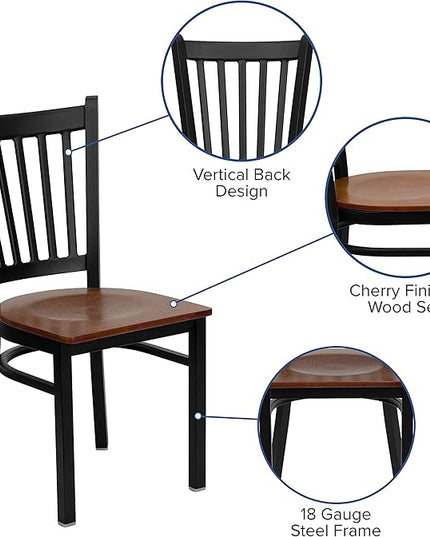 Flash Furniture HERCULES Series Black Vertical Back Metal Restaurant Chair - Cherry Wood Seat - LeafyLoom