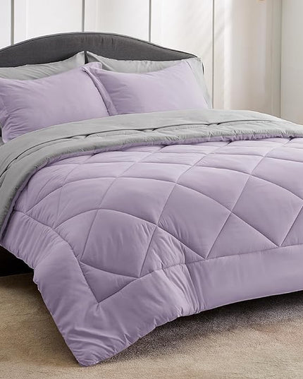 Bedsure Light Purple California King Size Comforter Set - 7 Pieces Reversible California King Bed in a Bag, Cal King Light Purple and Grey Bed Set with Comforters, Sheets, Pillowcases & Shams - LeafyLoom