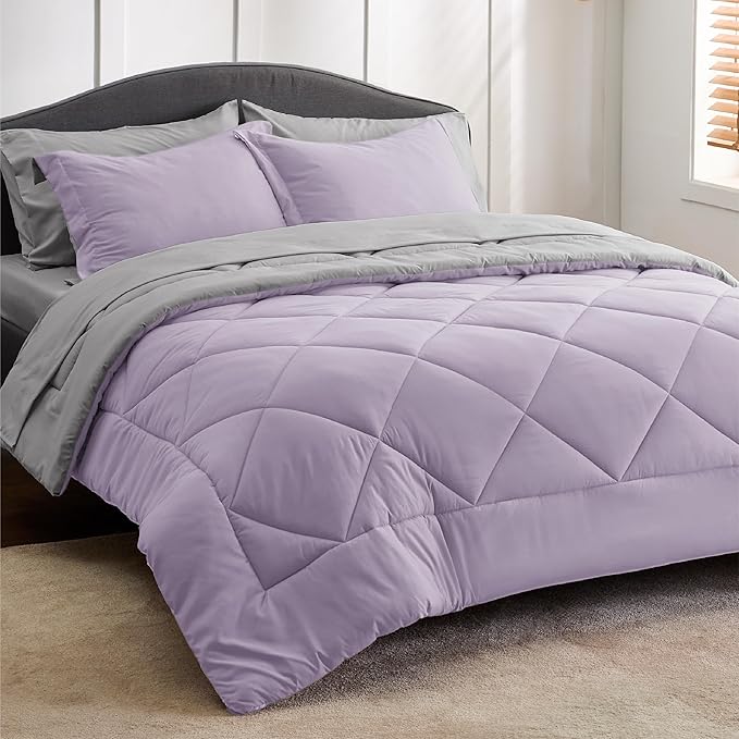 Bedsure Light Purple California King Size Comforter Set - 7 Pieces Reversible California King Bed in a Bag, Cal King Light Purple and Grey Bed Set with Comforters, Sheets, Pillowcases & Shams - LeafyLoom