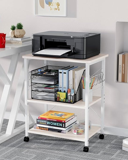 Mr IRONSTONE Baker's Rack, Kitchen Microwave Cart, Coffee Bar Table Station, 3-Tier Kitchen Utility Storage Shelf with Rolling Wheels Coffee Cart Kitchen Microwave Stand with 10 Hooks, White - LeafyLoom
