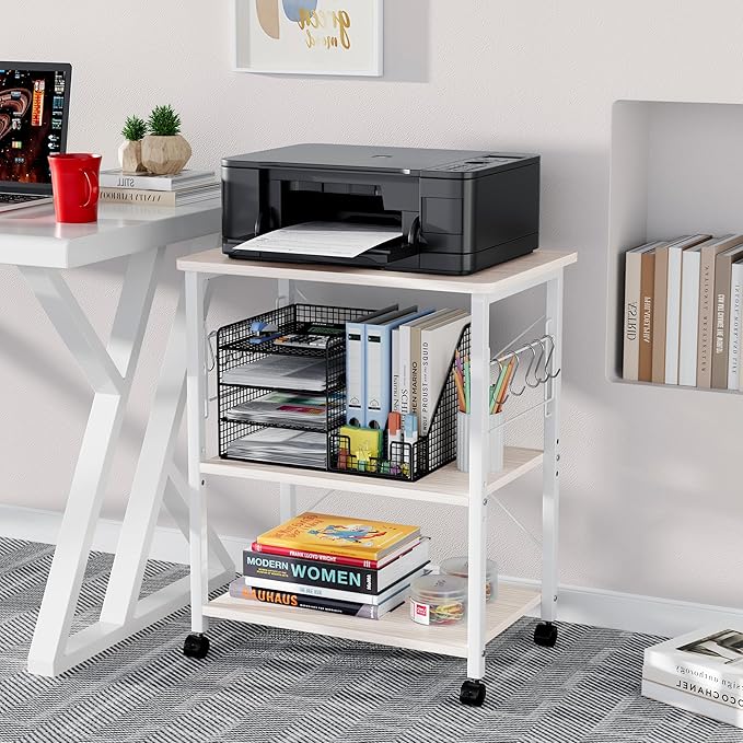 Mr IRONSTONE Baker's Rack, Kitchen Microwave Cart, Coffee Bar Table Station, 3-Tier Kitchen Utility Storage Shelf with Rolling Wheels Coffee Cart Kitchen Microwave Stand with 10 Hooks, White - LeafyLoom