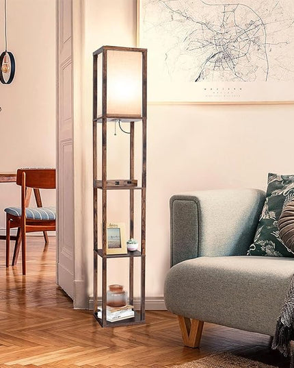 Floor Lamp with Wireless Charger, Modern Shelves Floor Lamp with USB A+C Ports & 2 AC Outlets,3 Color Temperature Corner Floor Lamps for Living Room Bedroom Office (Brown) - LeafyLoom