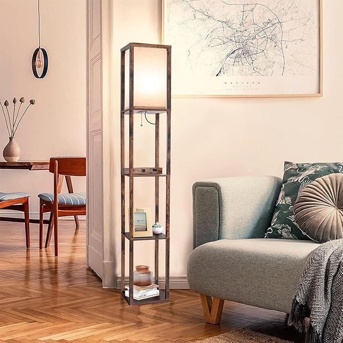 Floor Lamp with Wireless Charger, Modern Shelves Floor Lamp with USB A+C Ports & 2 AC Outlets,3 Color Temperature Corner Floor Lamps for Living Room Bedroom Office (Brown) - LeafyLoom