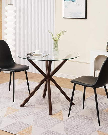 Round Glass Dining Table,34.7" Glass Top Kitchen Table with Wooden Grain Metal Legs,Modern Dining Room Table for 2 or 4,Circle Dinner Table for Kitchen, Small Spaces, Apartment - LeafyLoom