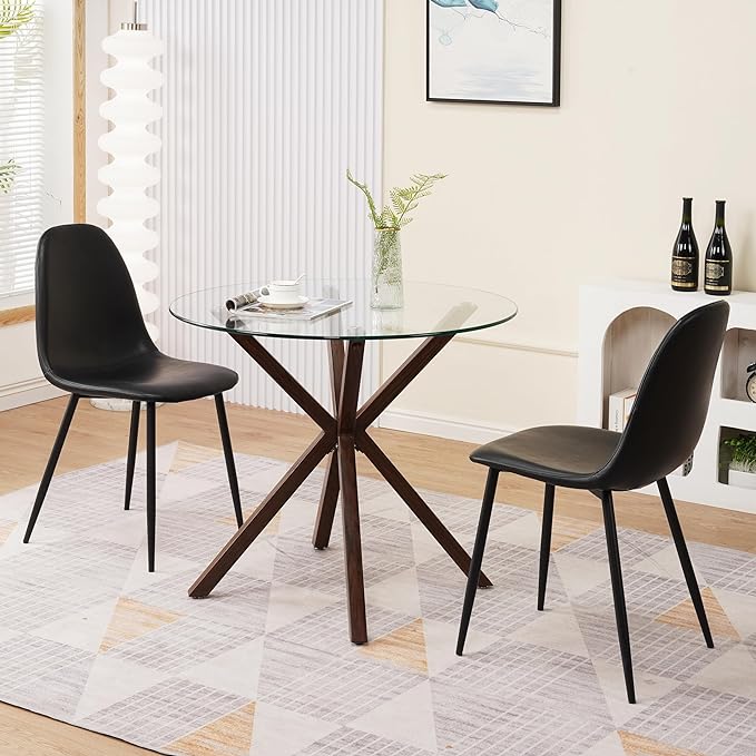 Round Glass Dining Table,34.7" Glass Top Kitchen Table with Wooden Grain Metal Legs,Modern Dining Room Table for 2 or 4,Circle Dinner Table for Kitchen, Small Spaces, Apartment - LeafyLoom