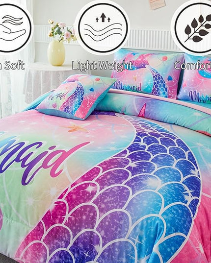 RYNGHIPY Mermaid Full Girls Bedding Set, Colorful Rainbow Kids Girls Comforter Set with Sheets Soft and Lightweight, 6 Pieces Teen Girls Bed in a Bag - LeafyLoom