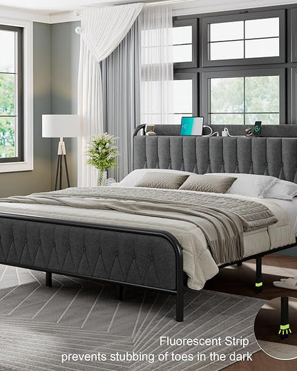 Feonase King Bed Frame with Type-C & USB Port, Metal Platform Beds, with Linen Upholstered Headboard & Footboard, 12" Underbed Storage Space, Easy Assembly, Noise-Free, Dark Gray - LeafyLoom
