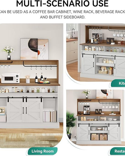 YITAHOME 52" Farmhouse Buffet Cabinet with Storage, Sliding Barn Door, Sideboard Cabinet with Goblet Holder, 5 Hooks and Power Outlets, Coffee Bar Cabinet for Kitchen, Living Room (White) - LeafyLoom