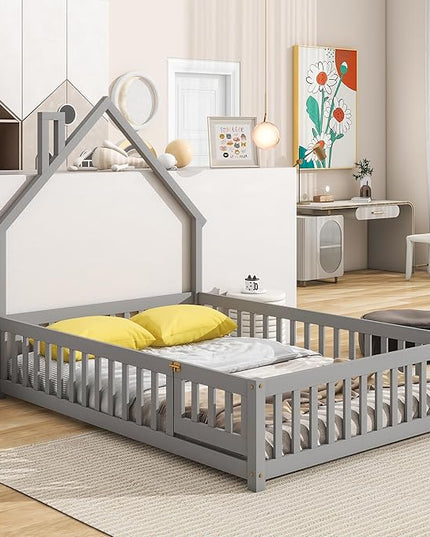 Bellemave Full Size House-Shaped Headboard Floor Bed for Kids, Montessori Floor Bed with Fence and Door,House Bed Twin Frame for Girls,Boys (Gray) - LeafyLoom