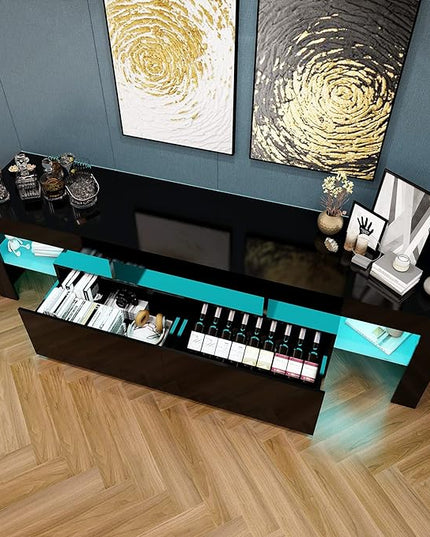 Black TV Stand, 60 65 70 75 inch Wood TV Stand, High Glossy Entertainment Center with Large Drawers＆Glass Display Shelf, LED Modern Media Gaming Cabinet TV Console for Livingroom, Bedroom - LeafyLoom