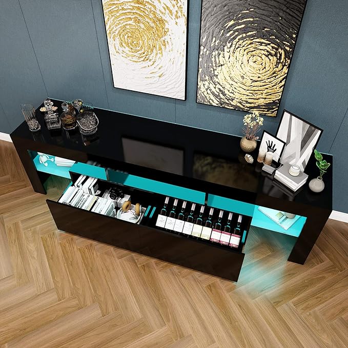 Black TV Stand, 60 65 70 75 inch Wood TV Stand, High Glossy Entertainment Center with Large Drawers＆Glass Display Shelf, LED Modern Media Gaming Cabinet TV Console for Livingroom, Bedroom - LeafyLoom