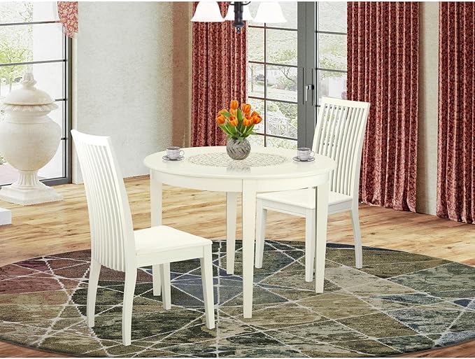 East West Furniture BOIP3-LWH-W Boston 3 Piece Kitchen Set for Small Spaces Contains a Round Room Table and 2 Dining Chairs, Linen White, 42x42 Inch - LeafyLoom