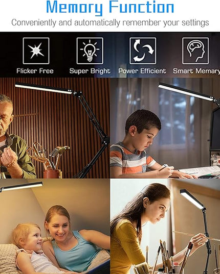 LED Desk Lamp, Swing Arm Desk Light with Clamp, 3 Lighting 10 Brightness Eye-caring Modes, reading desk lamps for home office 360°Spin with USB Adapter & Memory Function black-14W - LeafyLoom