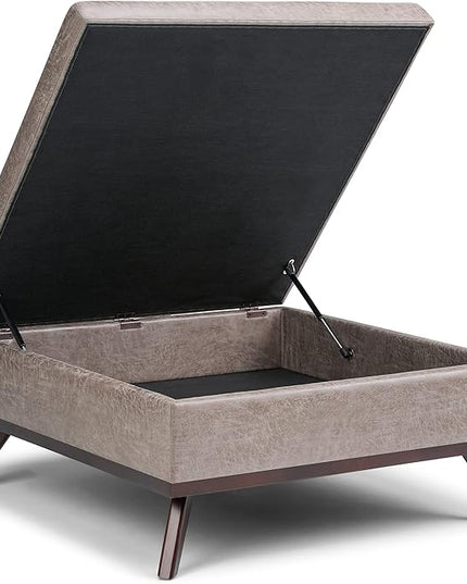 SIMPLIHOME Owen 36 Inch Wide Mid Century Modern Square Coffee Table Lift Top Storage Ottoman in Upholstered Distressed Grey Taupe Faux Leather, For the Living Room - LeafyLoom