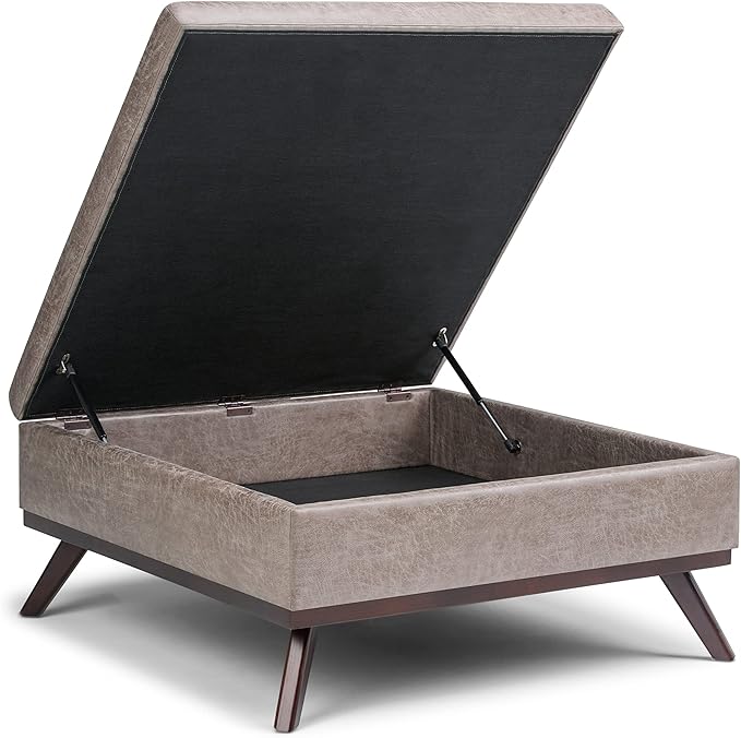 SIMPLIHOME Owen 36 Inch Wide Mid Century Modern Square Coffee Table Lift Top Storage Ottoman in Upholstered Distressed Grey Taupe Faux Leather, For the Living Room - LeafyLoom