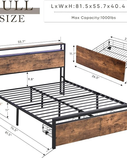 LED Bed Frame Full Size with LED Lights, USB Ports & Outlets, Full Bed Frame with Storage Headboard, Two Drawers, Industrial Style Platform Bed with Wooden Headboard, Metal Slats Supports - LeafyLoom
