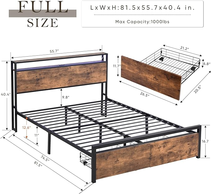 LED Bed Frame Full Size with LED Lights, USB Ports & Outlets, Full Bed Frame with Storage Headboard, Two Drawers, Industrial Style Platform Bed with Wooden Headboard, Metal Slats Supports - LeafyLoom