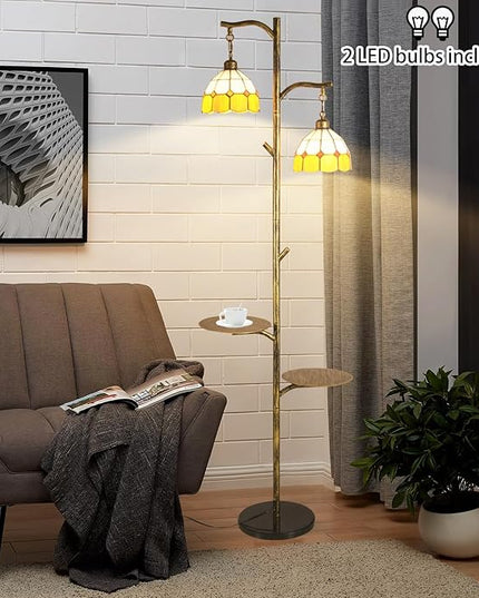 Tiffany Style Stained Glass Retro Floor Lamp with Tray,Dimmable Led Floor Lamps, Custom Color Temperature Standing Lamp with Remote for Living Room and Bedroom,Painted Bronze - LeafyLoom
