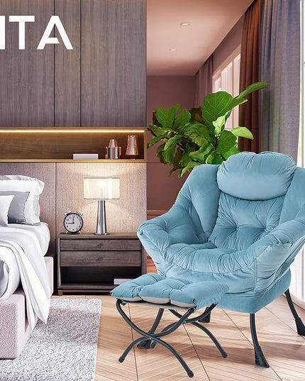 LITA Lazy Chair with Ottoman, Modern Accent Leisure Upholstered Sofa Chair, Contemporary Lounge Reading Chair with Armrests and a Side Pocket for Living Room, Bedroom & Small Space, Light Blue - LeafyLoom