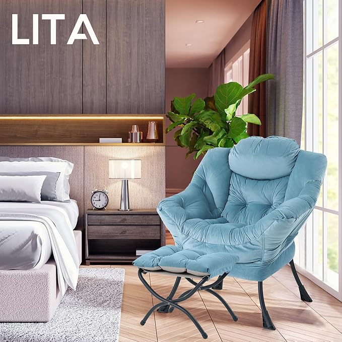 LITA Lazy Chair with Ottoman, Modern Accent Leisure Upholstered Sofa Chair, Contemporary Lounge Reading Chair with Armrests and a Side Pocket for Living Room, Bedroom & Small Space, Light Blue - LeafyLoom