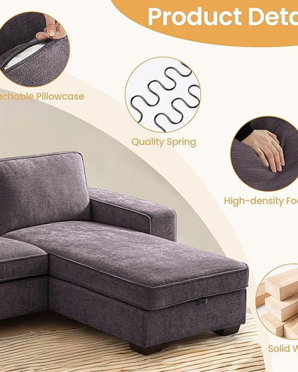 COHOME 100" L-Shaped Couch with Storage, Chenille Upholstered Deep Seat Couch for Living Room, Sofa with Reversible Chaise, Removable Covers, 3-Seater Apartment Sofa with Charge Ports,Dark Grey - LeafyLoom