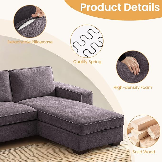 COHOME 100" L-Shaped Couch with Storage, Chenille Upholstered Deep Seat Couch for Living Room, Sofa with Reversible Chaise, Removable Covers, 3-Seater Apartment Sofa with Charge Ports,Dark Grey - LeafyLoom