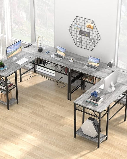 Unikito L Shaped Corner Computer Desk with USB Charging Port and Power Outlet, Storage Shelves, Reversible, Industrial 2 Person Gaming Table Modern Home Office Desks, White Oak - LeafyLoom