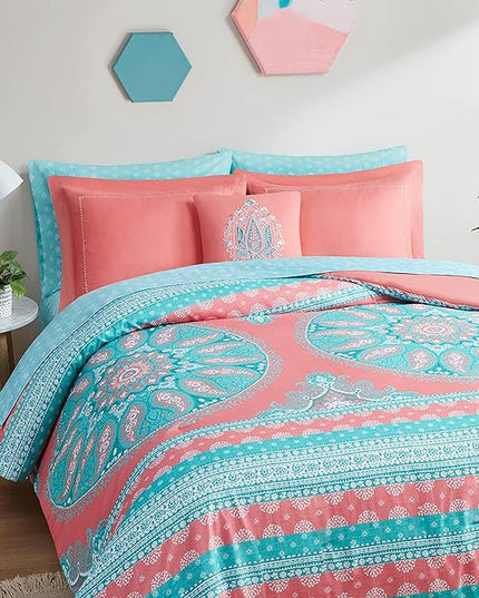 Degrees of Comfort Bed in A Bag Queen Size, Boho Mandala 8 Piece Complete Comforter Sets with Sheet for Women, Microfiber Bohemian Colorful Bedding Set, Matching Decorative Pillow, Coral - LeafyLoom