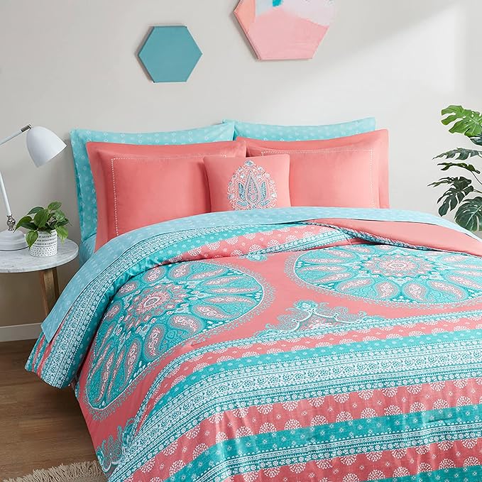 Degrees of Comfort Bed in A Bag Queen Size, Boho Mandala 8 Piece Complete Comforter Sets with Sheet for Women, Microfiber Bohemian Colorful Bedding Set, Matching Decorative Pillow, Coral - LeafyLoom