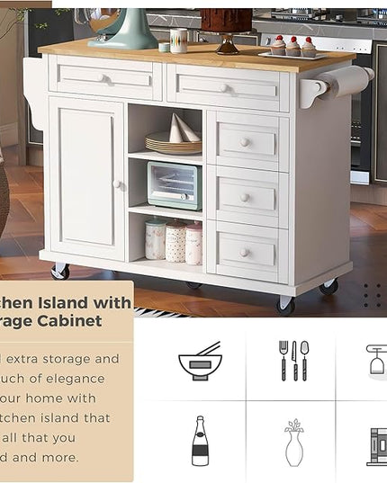 Kitchen Island with Storage Cabinets, Rolling Mobile Kitchen-cart w/Rubber Wood Desktop and 5 Drawers & Open Shelves, Sideboard for Dining Room, Home Bar - LeafyLoom