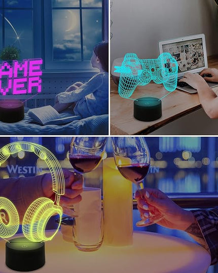 FULLOSUN Pixel Game Over Illusion Lamp, Gamepad 3D Night Light (3 Patterns) with Remote Control 16 Color Changing Gaming Room Headset Decor Best Gamer Gift - LeafyLoom