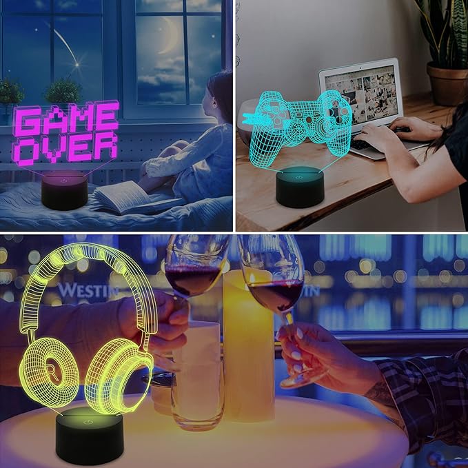 FULLOSUN Pixel Game Over Illusion Lamp, Gamepad 3D Night Light (3 Patterns) with Remote Control 16 Color Changing Gaming Room Headset Decor Best Gamer Gift - LeafyLoom