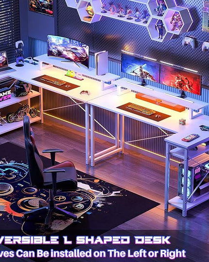 Homieasy L Shaped Gaming Desk with Power Outlet & LED Light, 55 Inch Computer Desk with Storage Shelves, Reversible Corner Desk with Monitor Stand Headset Hooks for Home Office, White - LeafyLoom