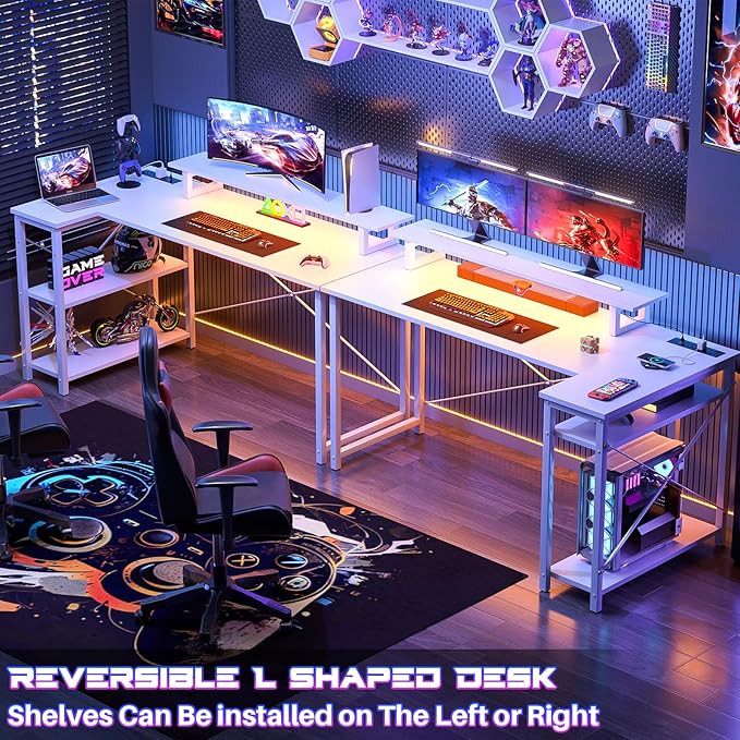 Homieasy L Shaped Gaming Desk with Power Outlet & LED Light, 55 Inch Computer Desk with Storage Shelves, Reversible Corner Desk with Monitor Stand Headset Hooks for Home Office, White - LeafyLoom