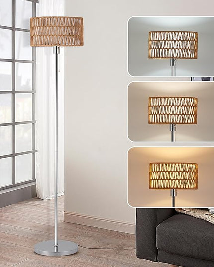 Rattan Floor Lamp for Living Room, Boho Standing Lamp with 3 Color Temperatures, Farmhouse Floor Lamp Wicker Lamp Double Shades, Bohemian Floor Lamps for Bedroom, Office(Chrome) - LeafyLoom