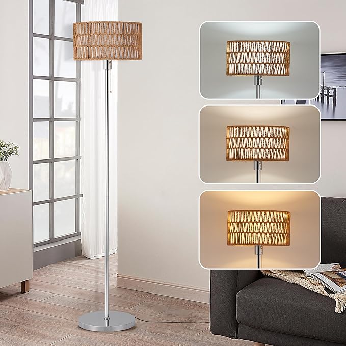Rattan Floor Lamp for Living Room, Boho Standing Lamp with 3 Color Temperatures, Farmhouse Floor Lamp Wicker Lamp Double Shades, Bohemian Floor Lamps for Bedroom, Office(Chrome) - LeafyLoom