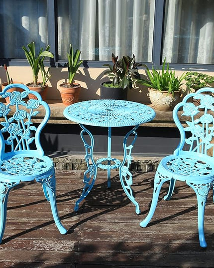 KAI LI Outdoor Furniture Bistro Set with Rose Pattern 1 Table 2 Chairs for Garden Patio Porch (Rose-Light Blue) - LeafyLoom
