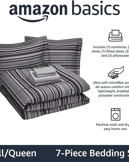 Amazon Basics Lightweight Microfiber Bed-in-a-Bag Comforter 7-Piece Bedding Set, Full/Queen, Gray Calvin Stripe, Striped - LeafyLoom