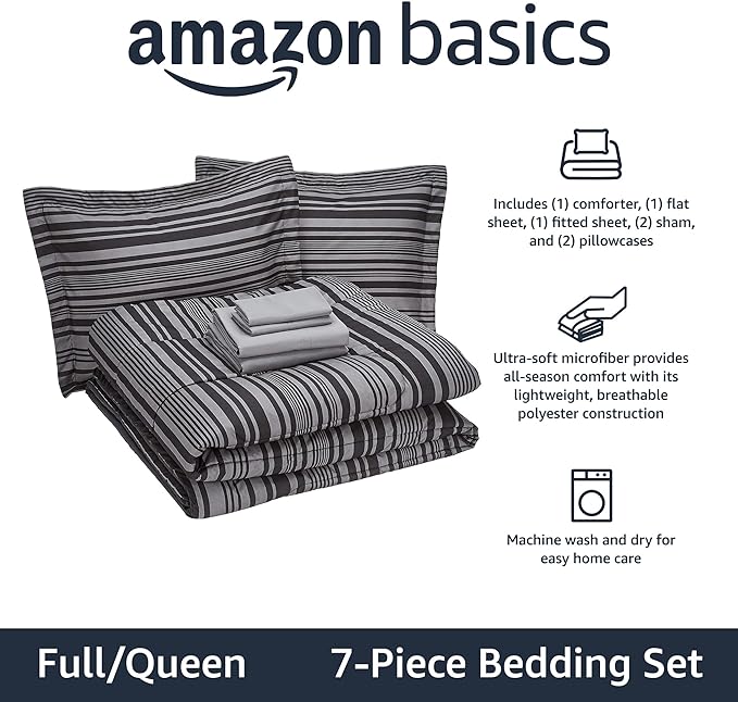 Amazon Basics Lightweight Microfiber Bed-in-a-Bag Comforter 7-Piece Bedding Set, Full/Queen, Gray Calvin Stripe, Striped - LeafyLoom