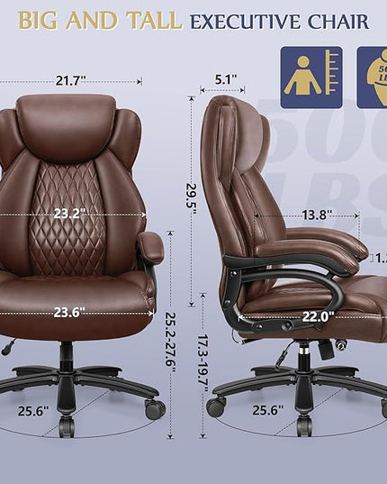 Big and Tall Office Chair 500lbs, Heavy Duty Executive Desk Chair with Adjustable Lumbar Support, Comfy Padded Cushion, Ergonomic PU Leather Home Computer Chair with Extra Wide Seat, Brown - LeafyLoom