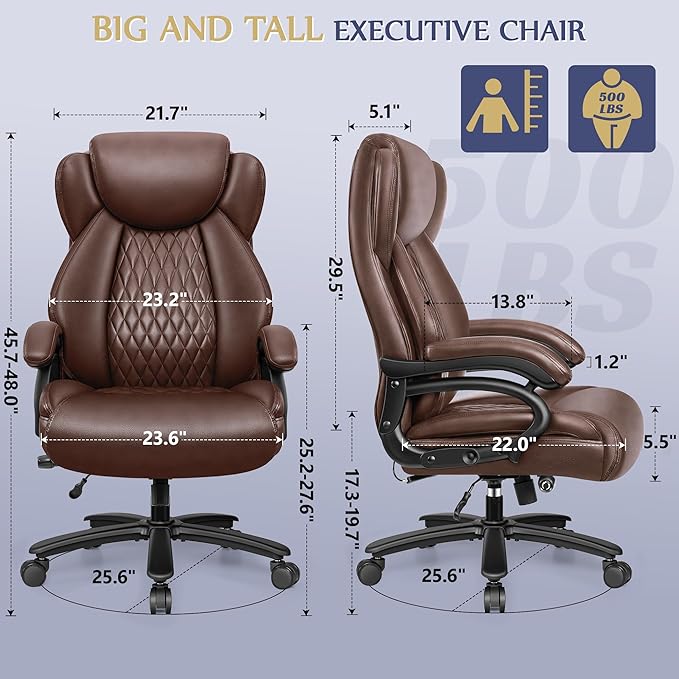 Big and Tall Office Chair 500lbs, Heavy Duty Executive Desk Chair with Adjustable Lumbar Support, Comfy Padded Cushion, Ergonomic PU Leather Home Computer Chair with Extra Wide Seat, Brown - LeafyLoom