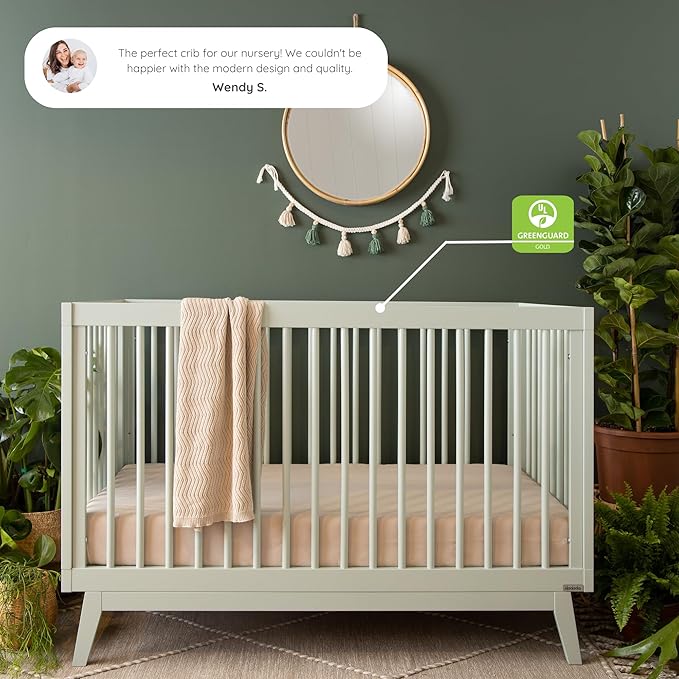 dadada Baby Soho 3-in-1 Convertible Crib to Toddler Bed – Wooden Crib Made in Italy, GREENGUARD Gold Certified Small Baby Crib – Baby-Safe Finish, Modern Design (Sage) - LeafyLoom