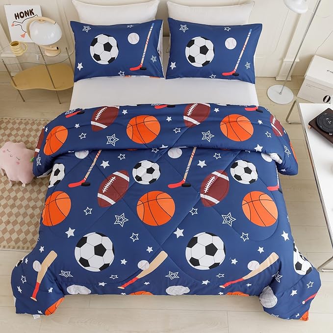 RYNGHIPY Kids Sports Theme Bedding Set, Basketball Football Baseball Tennis Print Comforter Set for Teens Boys Girls, Super Soft Lightweight (Balls,Twin) - LeafyLoom