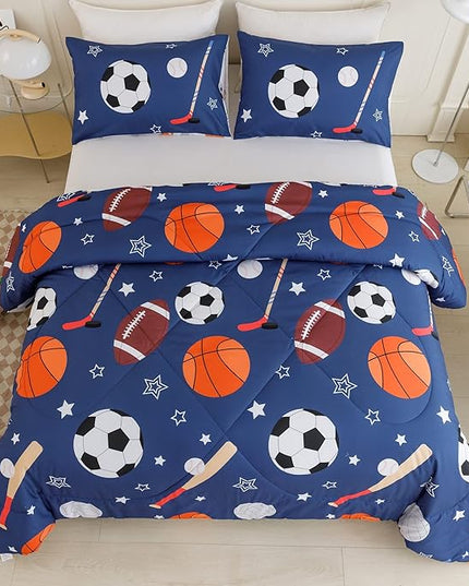 RYNGHIPY Kids Sports Theme Bedding Set, Basketball Football Baseball Tennis Print Comforter Set for Teens Boys Girls, Super Soft Lightweight (Balls,Queen) - LeafyLoom