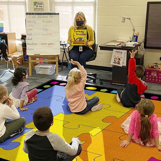 Booooom Jackson Classroom Rug Elementary Classroom Carpet 6'5"x8'5"Preschool Rugs Colorful Puzzle Seating Rug with Non-Slip Backing School Classroom Kid Rug (PzPK-2620) - LeafyLoom