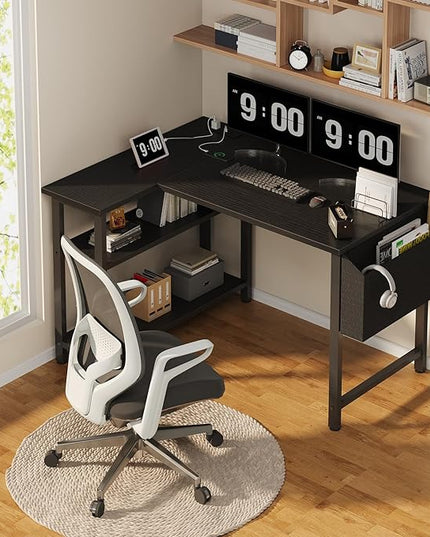 Black L Shaped Gaming Computer Desk with Power Outlet Shelves, 40 Inch Small Corner Desk for Small Space Home Office, Study Work PC Desks for Bedroom, Black - LeafyLoom