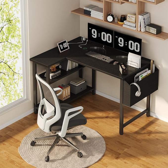 Black L Shaped Gaming Computer Desk with Power Outlet Shelves, 40 Inch Small Corner Desk for Small Space Home Office, Study Work PC Desks for Bedroom, Black - LeafyLoom