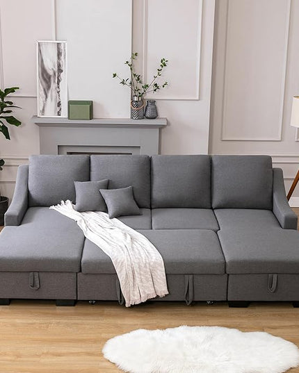 104.7" Upholstery Sleeper Sectional Sofa with Double Storage Chaise and 2 Tossing Cushions, U-Shaped Corner Couch w/Pulled Out Bed for Living Room, Apartment and Office, Grey, 104.7 Inch - LeafyLoom