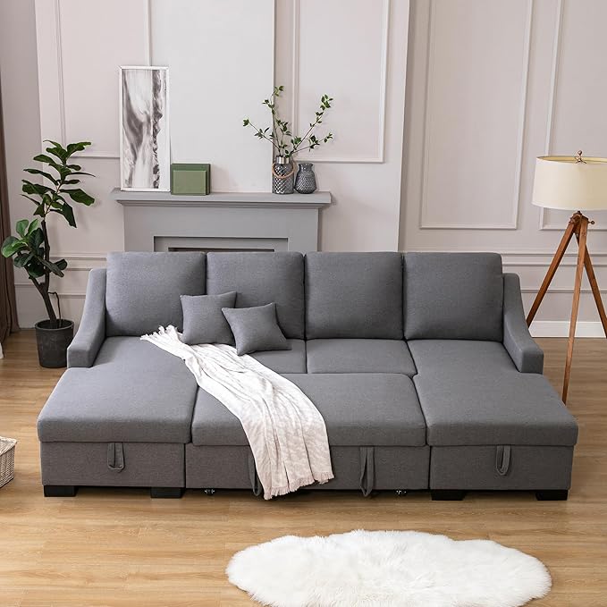 104.7" Upholstery Sleeper Sectional Sofa with Double Storage Chaise and 2 Tossing Cushions, U-Shaped Corner Couch w/Pulled Out Bed for Living Room, Apartment and Office, Grey, 104.7 Inch - LeafyLoom